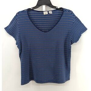 Faded Glory Shirt Women Size XL Blue Striped Short Sleeve V Neck Casual Top